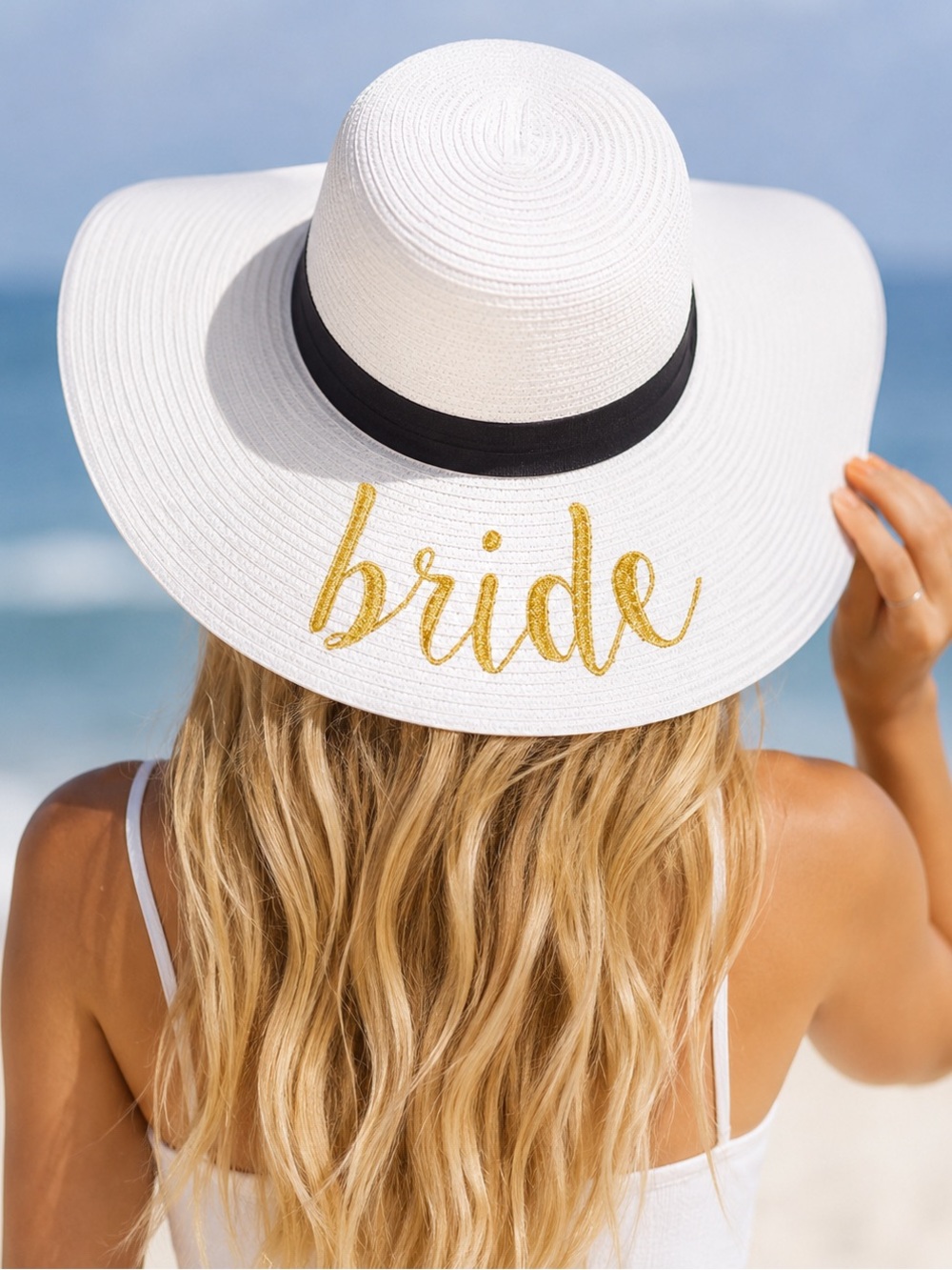 White Wide-Brim Bride Sun Hat with Gold Script and Black Band